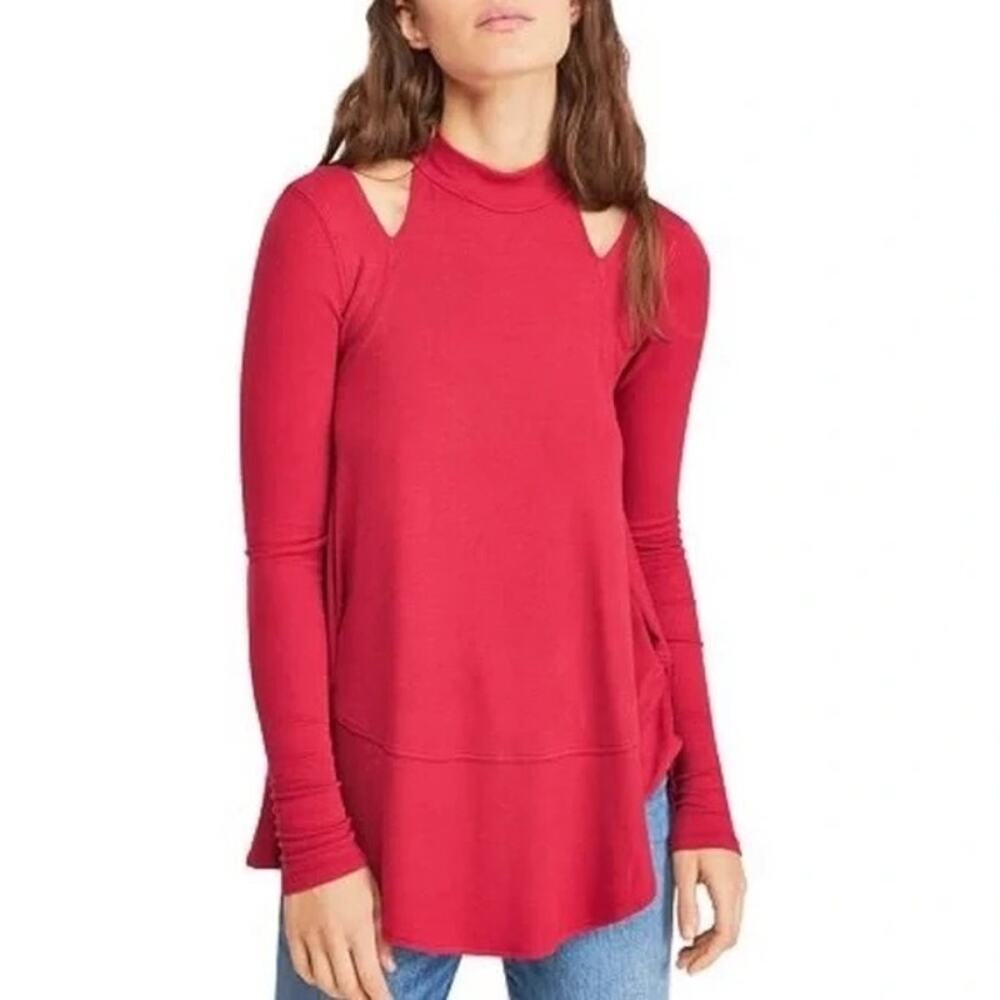 Free People Downtown Girl Cutout Tunic Top Ribbed Size Medium Apple Valley Red